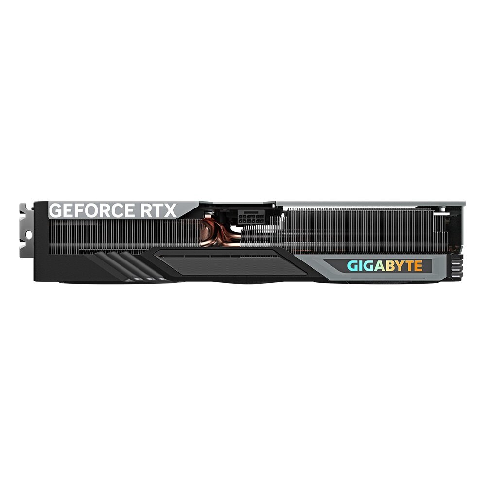 Karta graficzna Gigabyte GeForce RTX 4070 Gaming OC 12GB grafika przedstawia kartę graficzną od boku z widocznymi rurkami cieplnymi i radiatorem