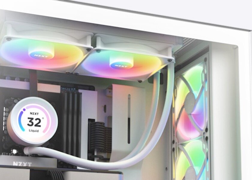 Chłodzenie wodne NZXT Kraken Elite 280 RGB zamontowane w komputerze widoczne od dołu