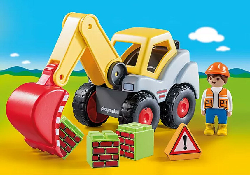  Zabawka Playmobil koparka z ruchomym ramieniem łyżki, figurką i akcesoriami witok na koparkę z lewej i pracownika z prawej strony