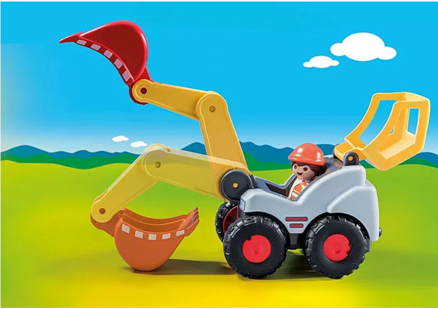 Zabawka Playmobil koparka z ruchomym ramieniem łyżki, figurką i akcesoriami koparka widoczna z boku