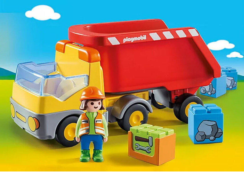 Zabawka Playmobil wywrotka z figurką i akcesoriami pracownik stojący przy wywrotce