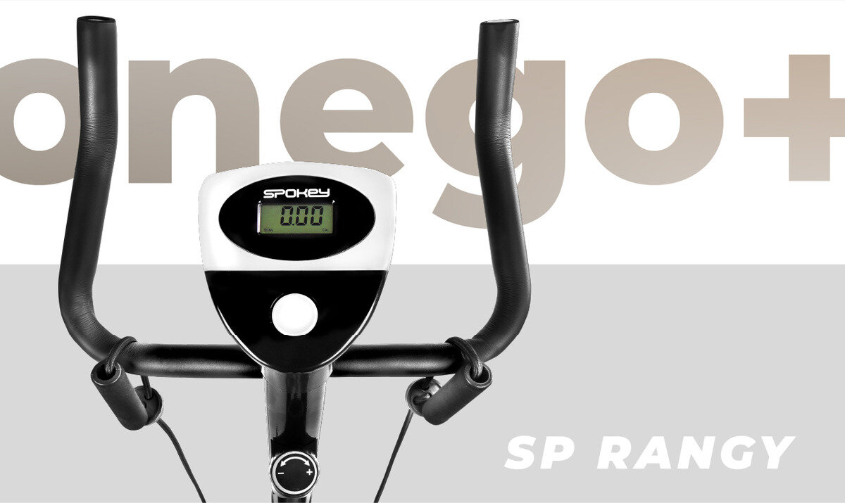 Rower Spokey ONEGO+ mechaniczny rączki z licznikiem oraz linki oporowe na tle napisów