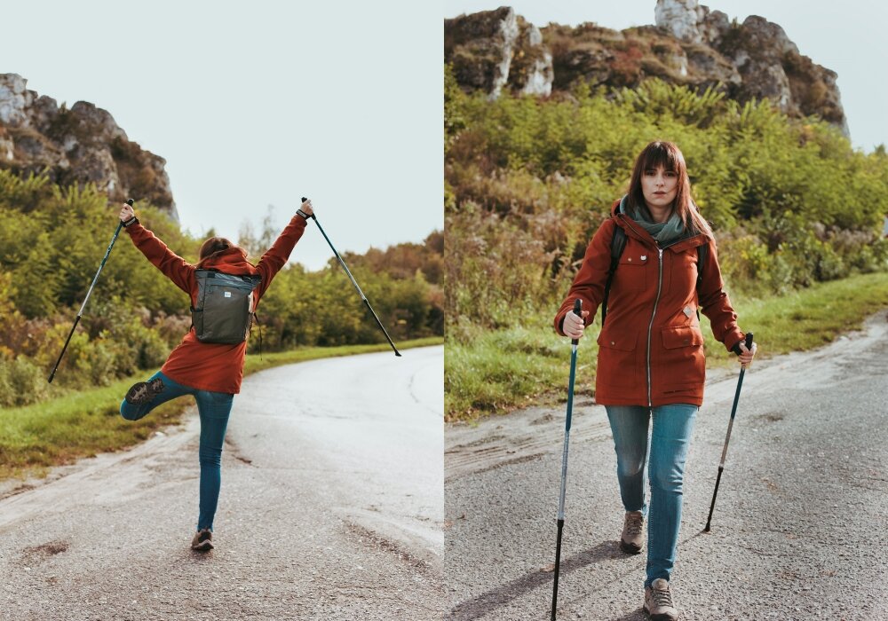 Kijki Spokey Nordic Walking Meadow srebrno-niebieskie na jednym zdjęciu kobieta odwrócona tyłem z kijkami a na drugim kobieta idąca z kijkami