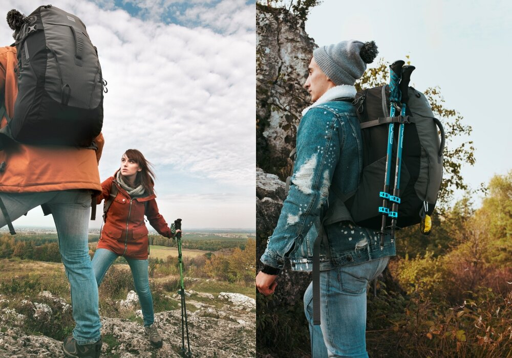 Plecak sportowo-turystyczny Spokey Buddy szary na jednym zdjęciu mężczyzna z plecakiem na plecach w tle góry i drzewa, na drugim mężczyzna z plecakiem na plecach oraz kobieta z kijkami w tle panorama przyrody