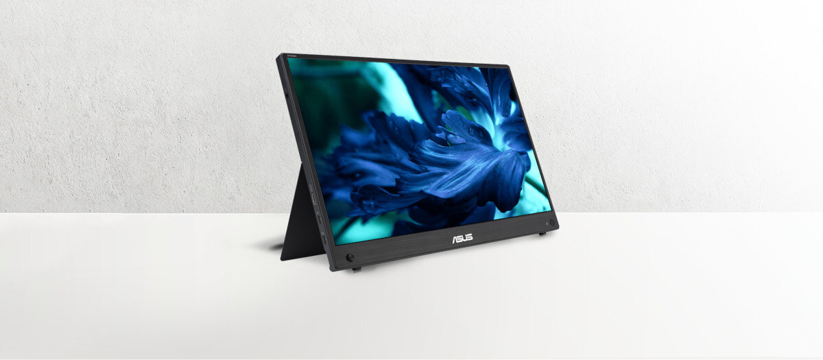 Monitor Asus ZenScreen MB16AHG 15.6' IPS widok na monitor wyświetlający obraz pod skosem 
