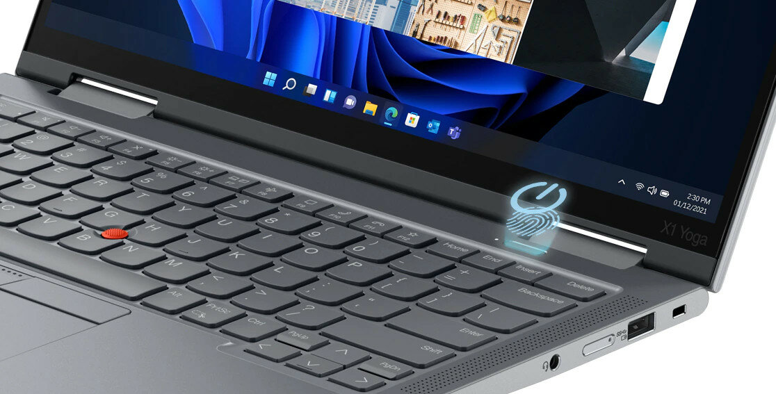 Laptop Lenovo ThinkPad X1 Yoga Gen 8 16GB/512GB 14' widok na laptop pod skosem i wyszególniony czytnik biometrii