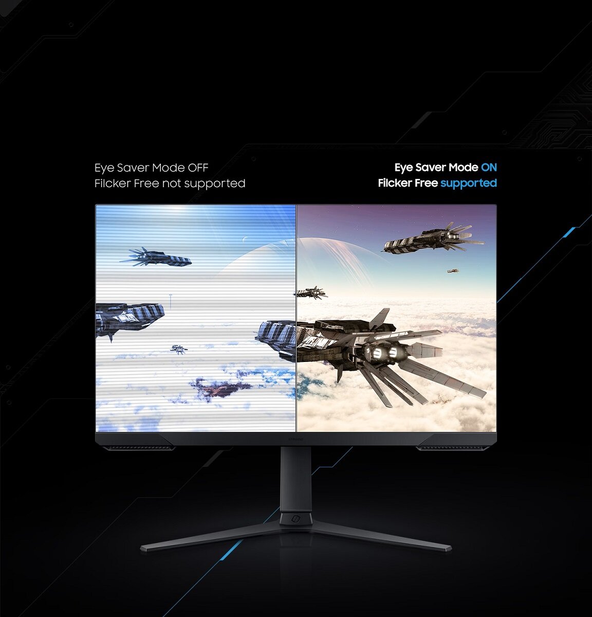 Monitor Samsung Odyssey G3A 27' LS27AG300NRXEN 144Hz monitor podzielony na pół, porównanie technologii Eye Saver i Flicker Free