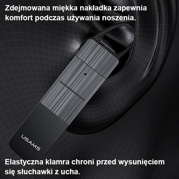 Słuchawka Usams BT2 Bluetooth 5.0 słuchawka na szarym tle z informacją o komforcie użytkowania