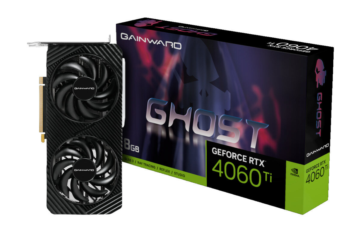 Karta graficzna Gainward GeForce RTX 4060 Ti Ghost zdjęcie karty obok pudełka
