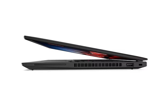 Laptop Lenovo ThinkPad T14 Gen 4 grafika przedstawia przymknięty laptop od boku