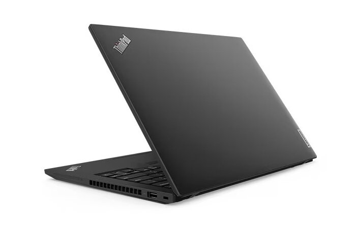Laptop Lenovo ThinkPad T14 Gen 4 grafika przedstawia przymknięty laptop od tyłu pod skosem