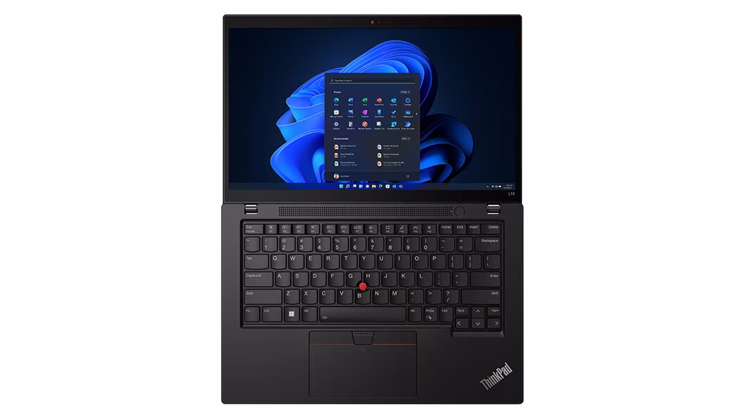 Laptop Lenovo ThinkPad L14 G4 8/512GB od frontu włączony rozłożony na płasko na białym tle