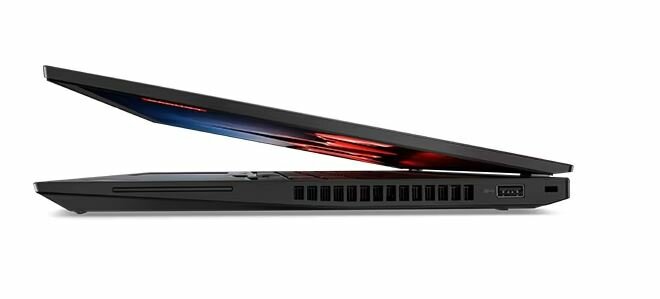 Laptop Lenovo ThinkPad T16 Gen 2 i5-1335U 16/512GB grafika przedstawia połowicznie złożony laptop od boku