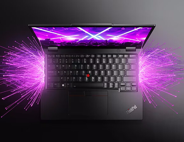 Laptop Lenovo ThinkPad X13 Yoga Gen 4 16GB/1TB grafika przedstawiająca atuty takie jak dwa mikrofony, podswietlenie klawiatury oraz wyraźny obraz