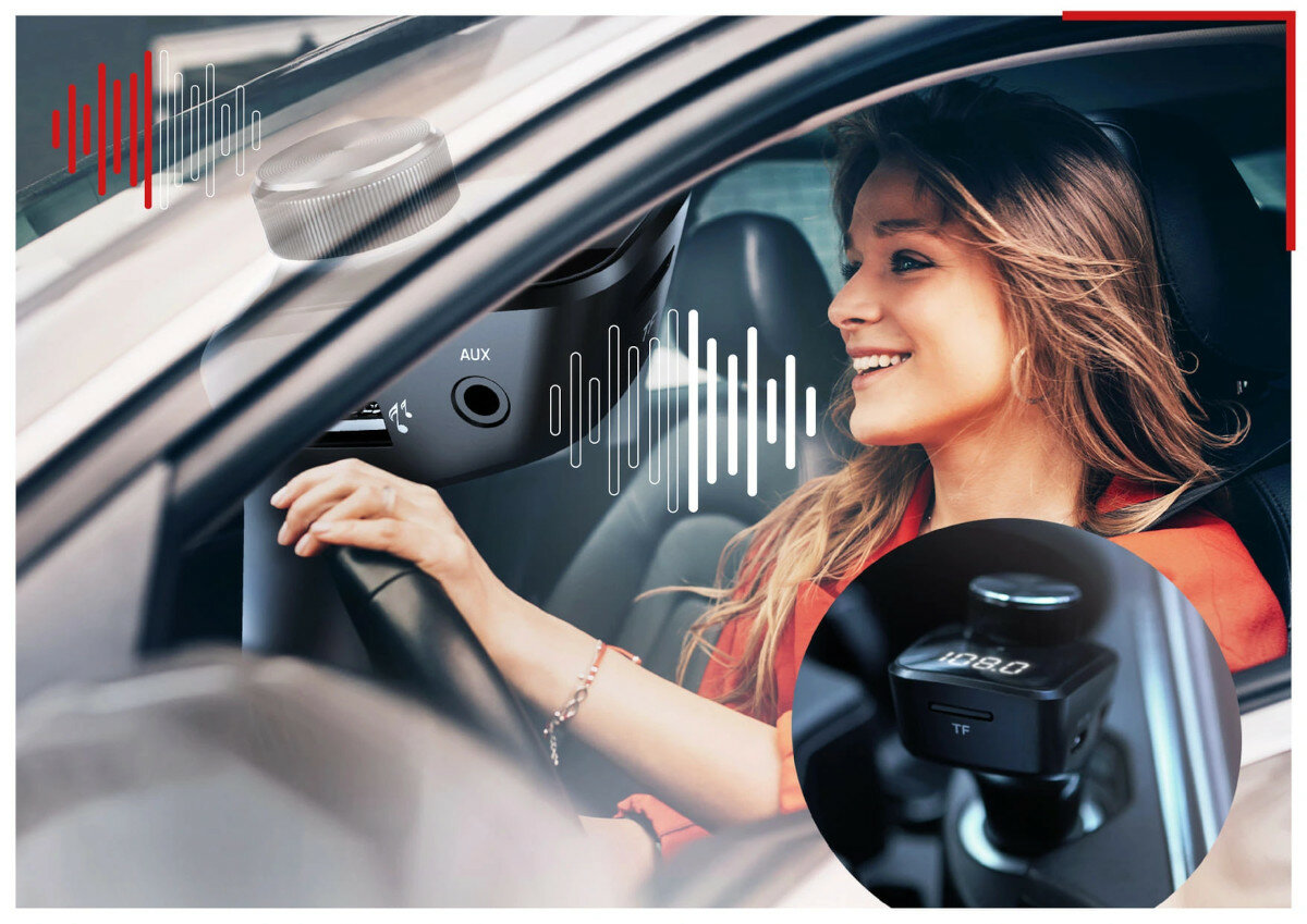 Zestaw głośnomówiący Xblitz XME PRO + transmiter FM kobieta rozmawiająca podczas prowadzenia samochodu oraz pokazany podłączony transmiter