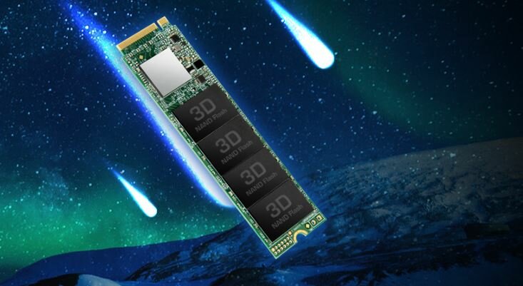 Dysk SSD Transcend MTE115S 500GB  M.2 dysk na tle nieba ze spadającymi gwiazdami