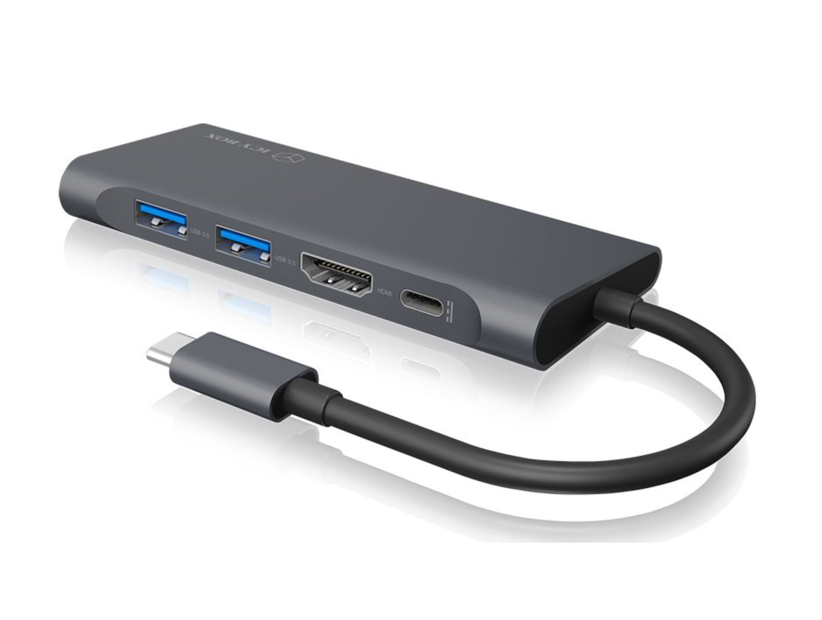 Stacja dokująca Icy Box IB-DK4022-CPD USB-C widoczna pod skosem prawym bokiem