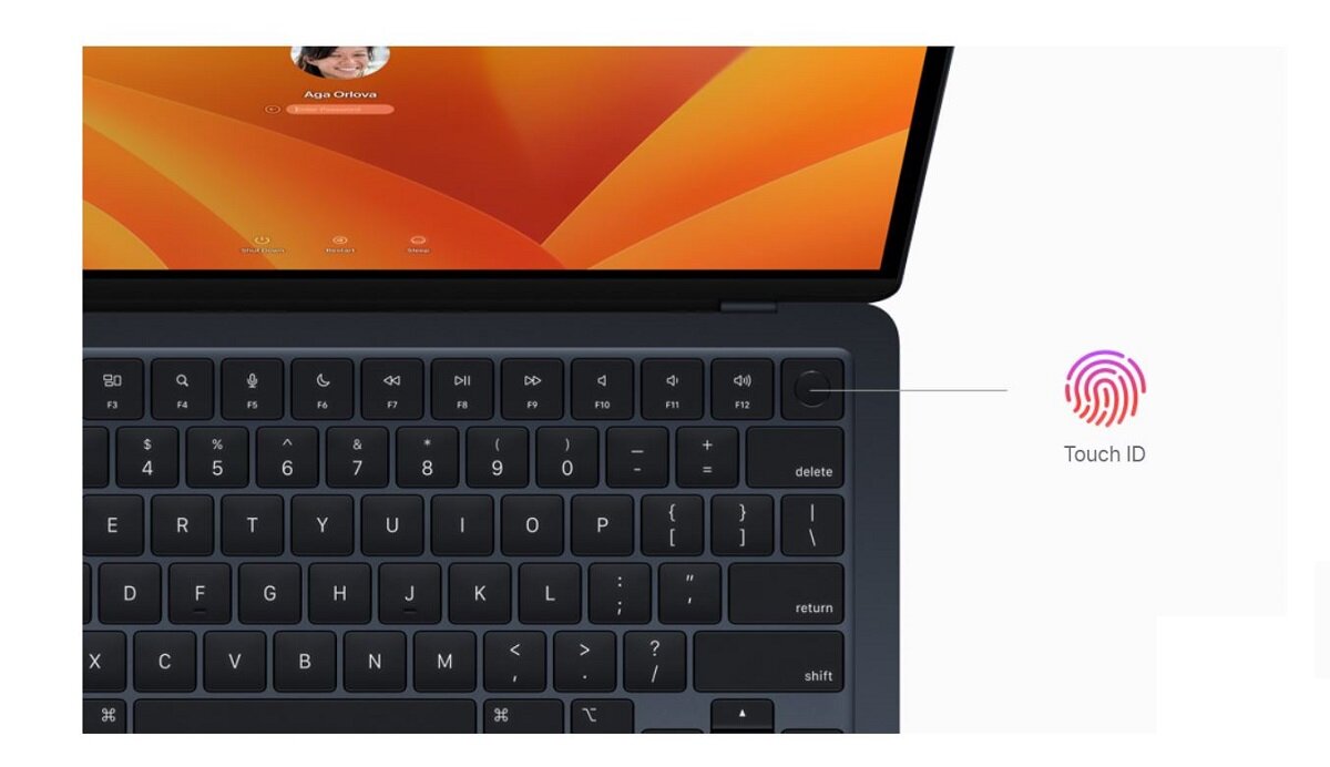 Laptop Apple MacBook Air 2023 15.3 Retina M2 8/256GB Gwiezdna Szarość od góry z ikoną touch id