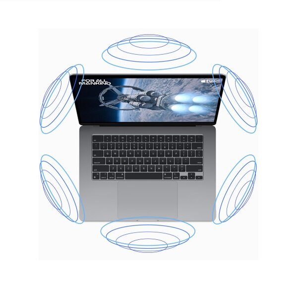 Laptop Apple MacBook Air 2023 15.3 Retina M2 8/512GB Gwiezdna Szarość od góry z grafiką źwięku