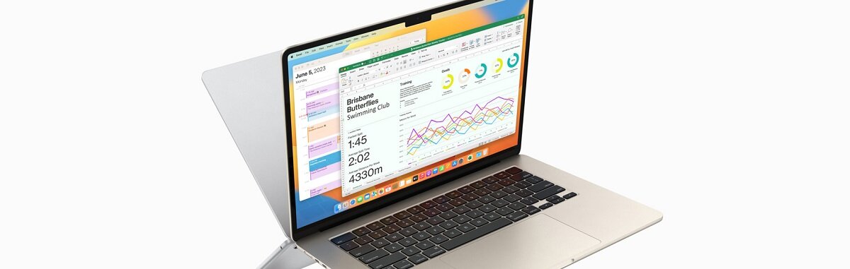Laptop Apple MacBook Air 2023 15.3 Retina M2 8/512GB Gwiezdna Szarość pod skosem z otwartym ekranem
