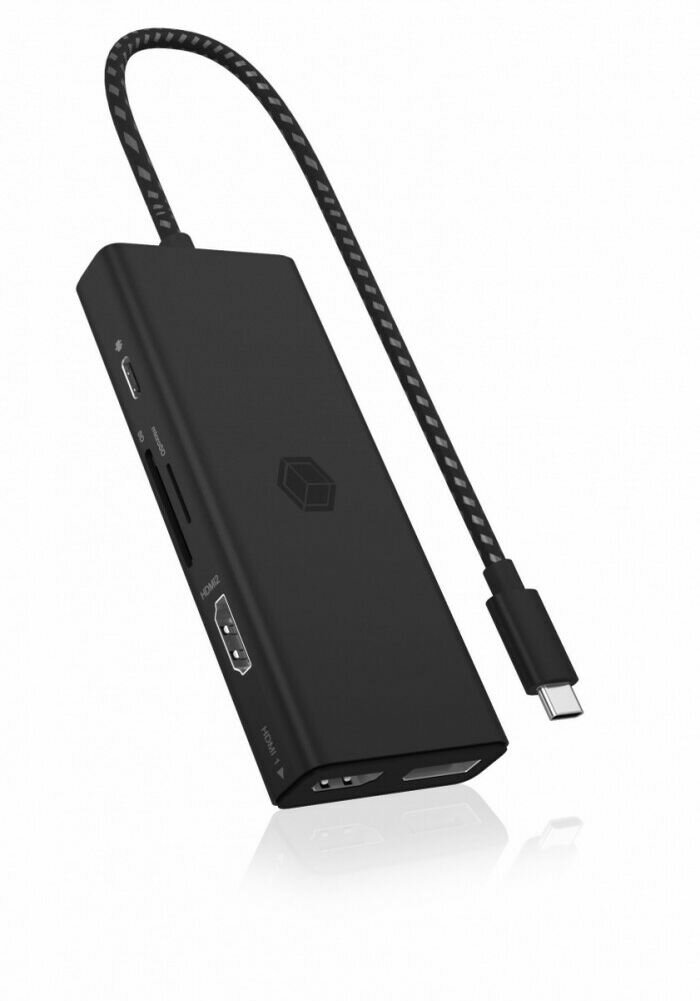 Stacja dokująca Icy Box B-DK4011-CPD USB-C widoczna pod skosem w pionie