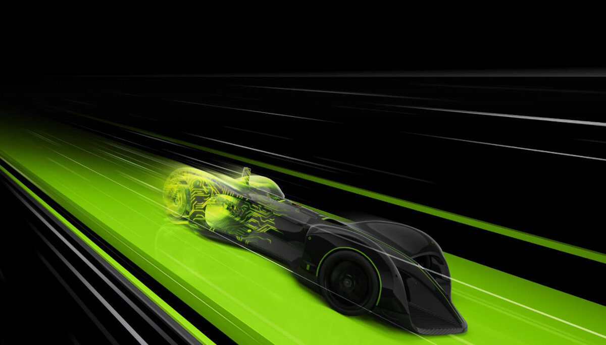 Karta graficzna Gigabyte GeForce RTX 4090 Windforce V2 zdjęcie zielonego rozpędzonego samochodu