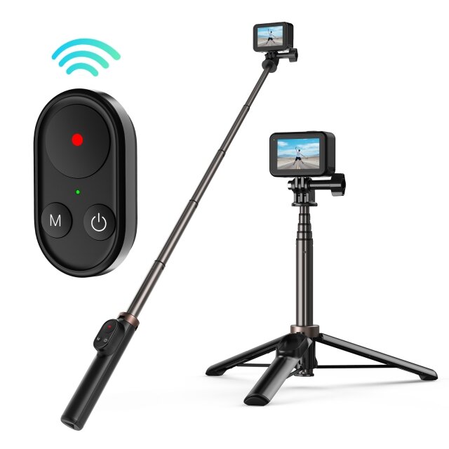 Selfie stick Telesin TE-RCSS-001 widok na pilot Bluetooth wraz z rozciągniętym selfie stickiem i trójnogiem z różnych perspektyw