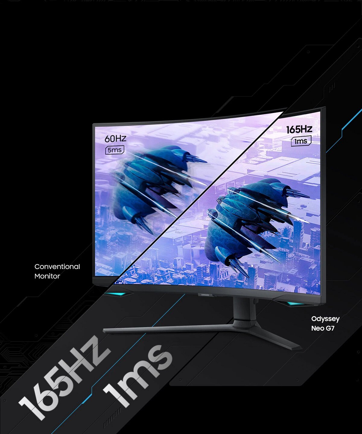 Monitor Samsung Odyssey G7 LS32BG750NPXEN Pivot porównanie obrazu o parametrach 60Hz 5ms vs 165Hz 1ms