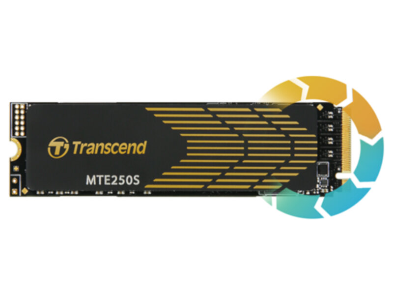 Dysk SSD Transcend TS4TMTE250S 4TB wewnętrzny od frontu z prawej strony koło pomarańczowo - niebieskie