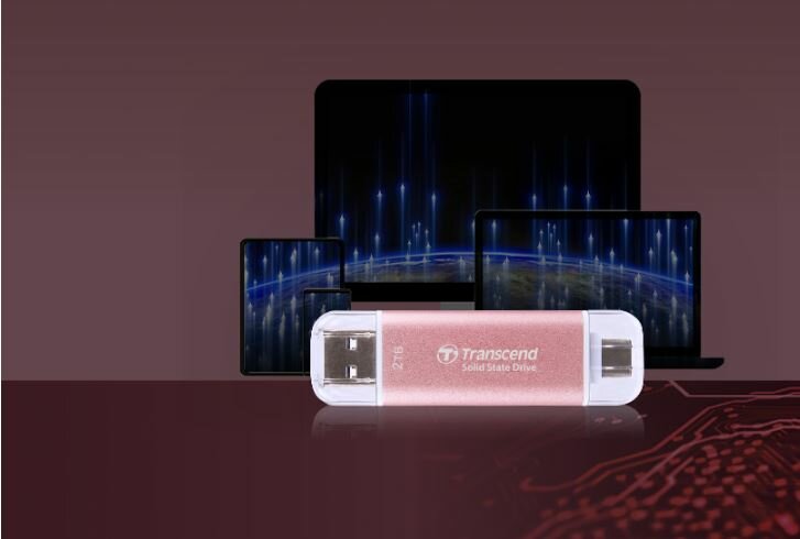 Dysk SSD Transcend ESD310C 2TB czarny widok dysku na tle laptopa, smartfonu i tabletu
