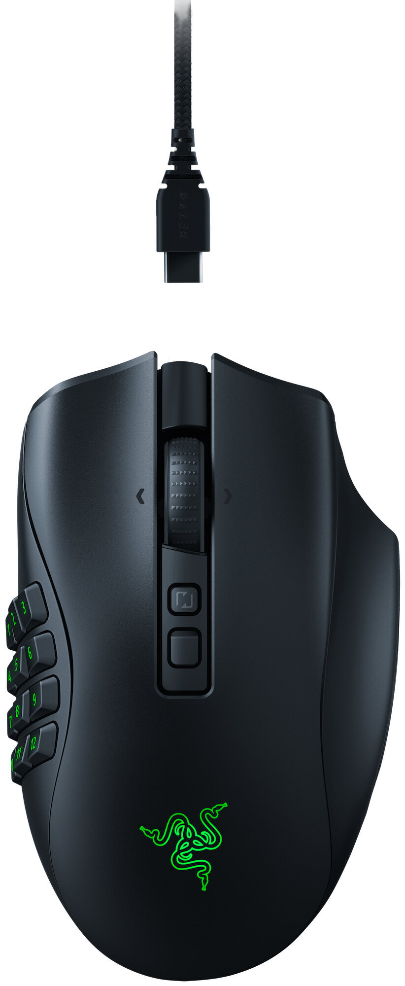Mysz Razer Naga V2 Pro czarna, grafika przedstawia widok myszy z góry obok z kablem