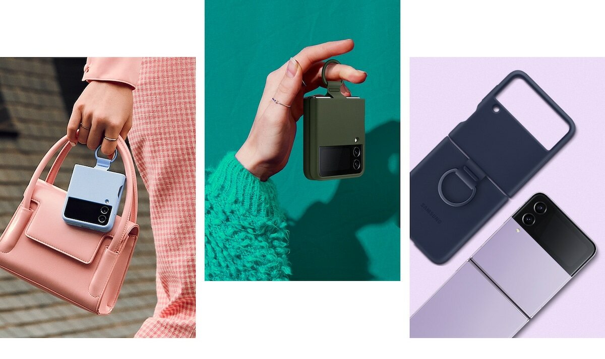 Etui Samsung Silicone Cover z pierścieniem do modelu Galaxy Z Flip4 lawendowe trzymane w dłoni, przy torebce i widoczne z góry