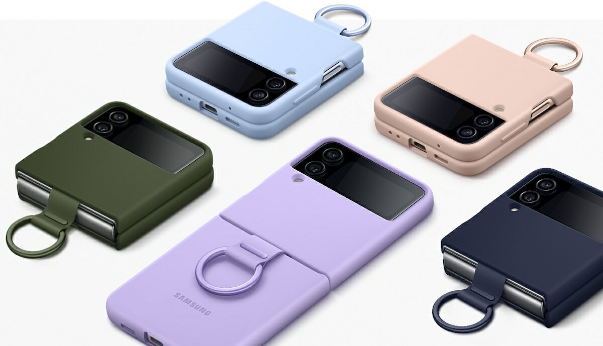 Etui Samsung Silicone Cover z pierścieniem do modelu Galaxy Z Flip4 lawendowe widoczne pod skosem w kilku kolorach