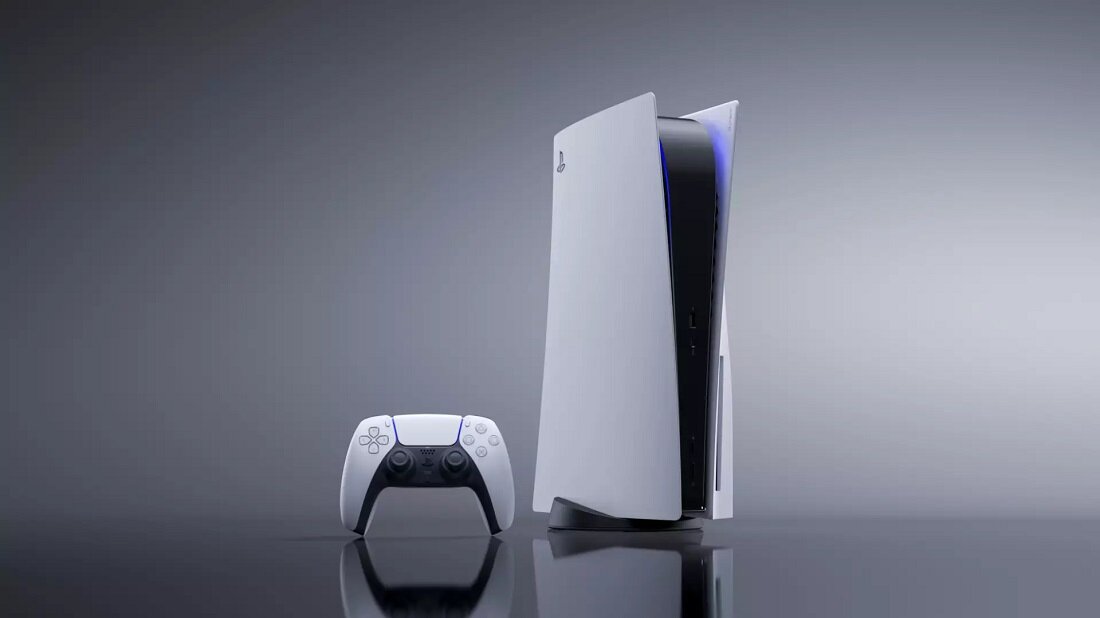 Konsola Sony PlayStation 5 825GB grafika przedstawia konsolę od frontu oraz kontroler
