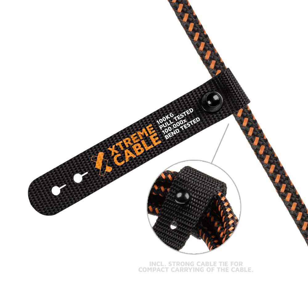 Kabel Xtorm Xtreme USB-C do Lightning 1,5 metra kabel z taśmą zapinającą oraz zapięty kabel