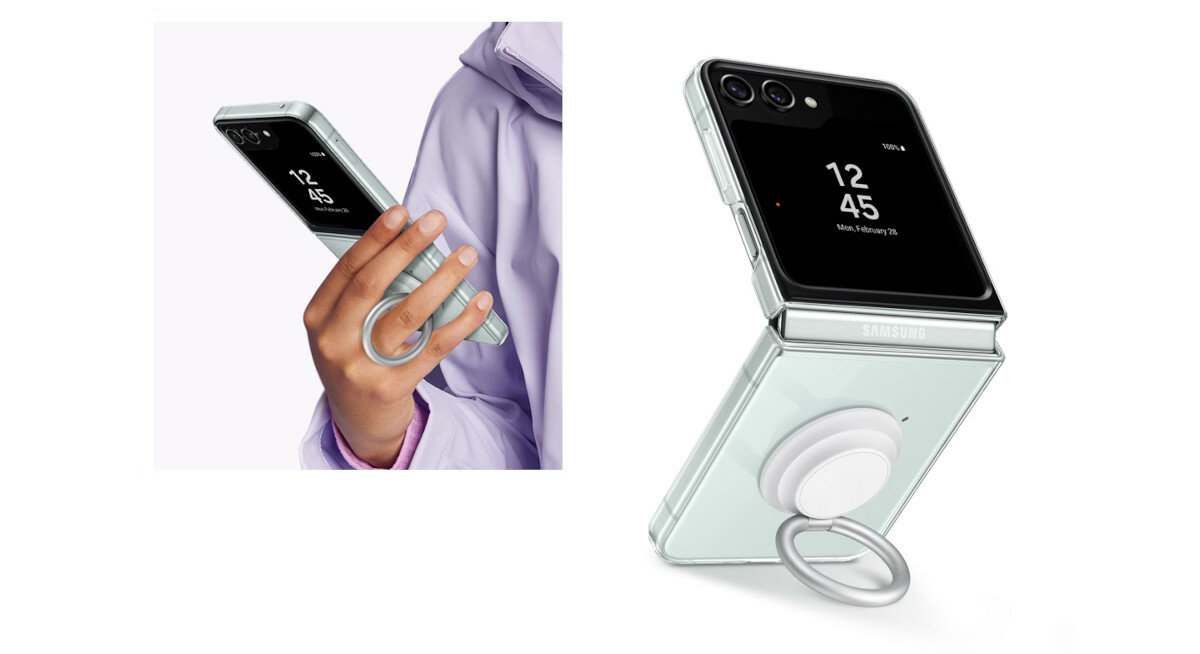 Etui Samsung Clear Gadget Case do Galaxy Z Flip5 grafika przedstawiająca telefon w etui trzymany w dłoni oraz smartfon zgięty pod kątem w etui