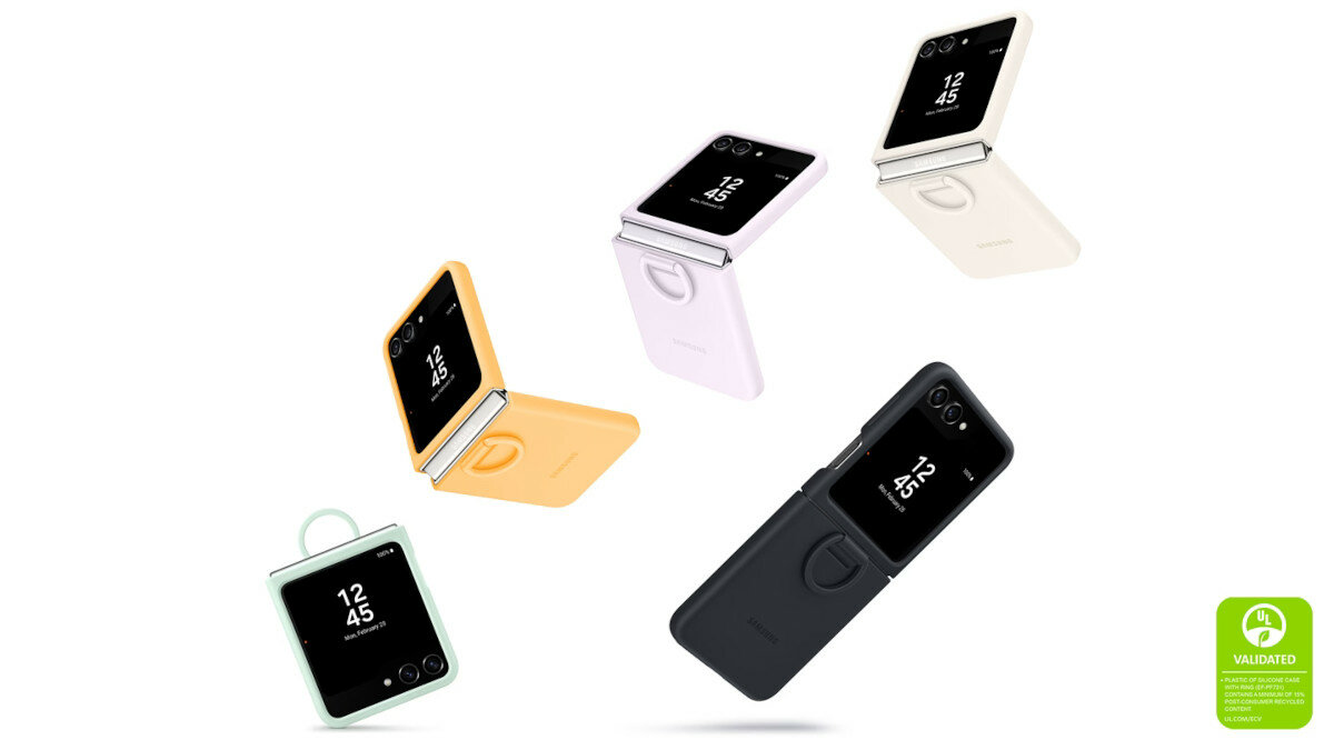 Etui silikonowe Samsung z pierścieniem do Galaxy Z Flip5 grafika przedstawiająca różne wersje kolorystyczne etui założone na smartfony