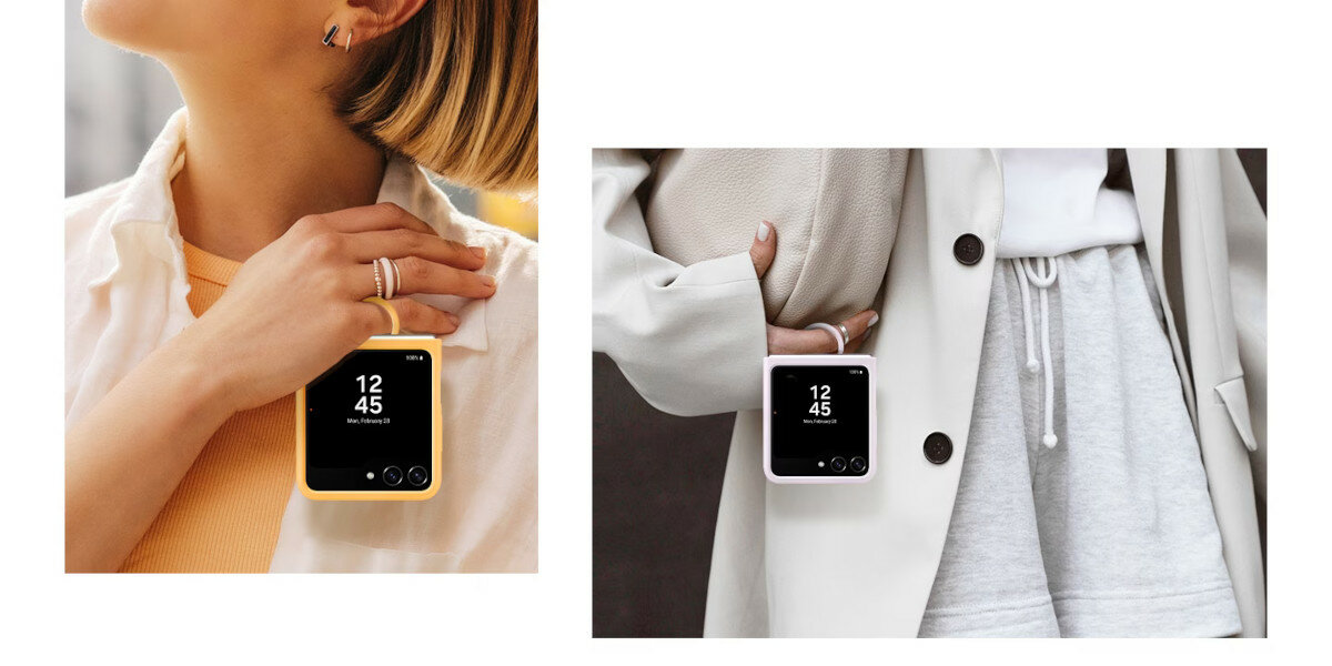 Etui silikonowe Samsung z pierścieniem do Galaxy Z Flip5 dwie grafiki przedstawiające złożony smartfon trzymany w dłoni za pierścień