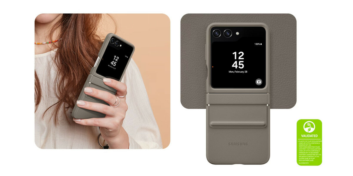 Etui Samsung Flap Eco-Leather Case do Galaxy Z Flip5 grafika przedstawiająca smartfon w etui trzymany w dłoni oraz widok na rozłożony smartfon w etui