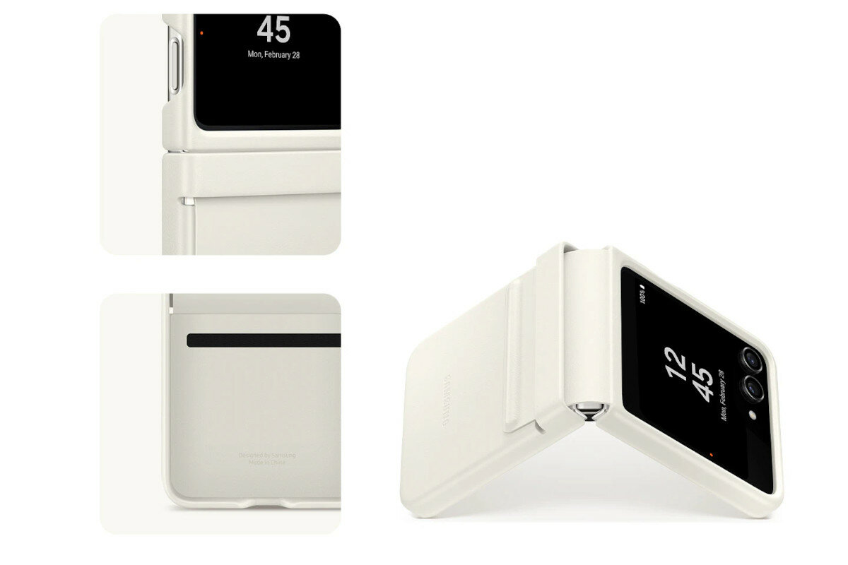 Etui Samsung Flap Eco-Leather Case do Galaxy Z Flip5 przybliżony widok na wnętrze i zgięcie etui oraz widok na założone etui na zgięty pod kątem smartfon