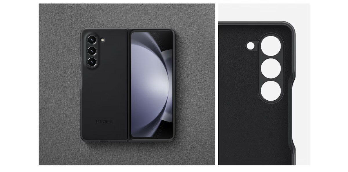 Etui Samsung Eco-Leather Case do Galaxy Z Fold5 widok na etui na rozłożonym smartfonie oraz przybliżony widok na wnętrze etui
