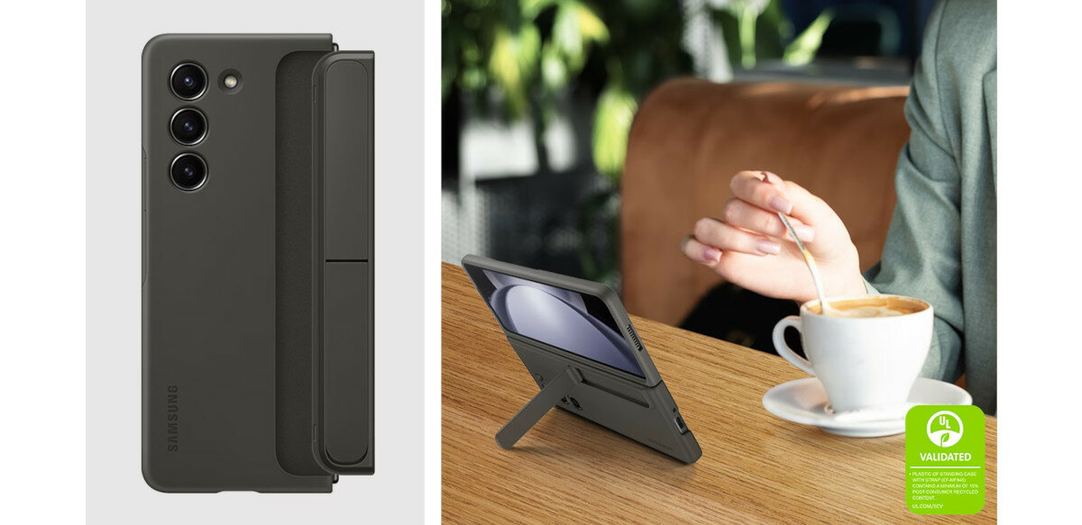 Etui Samsung Standing Case z paskiem do Galaxy Z Fold5 grafika przedstawiająca złożony smartfon w etui oraz etui jako podpórka podczas oglądania filmiku w kawiarni 