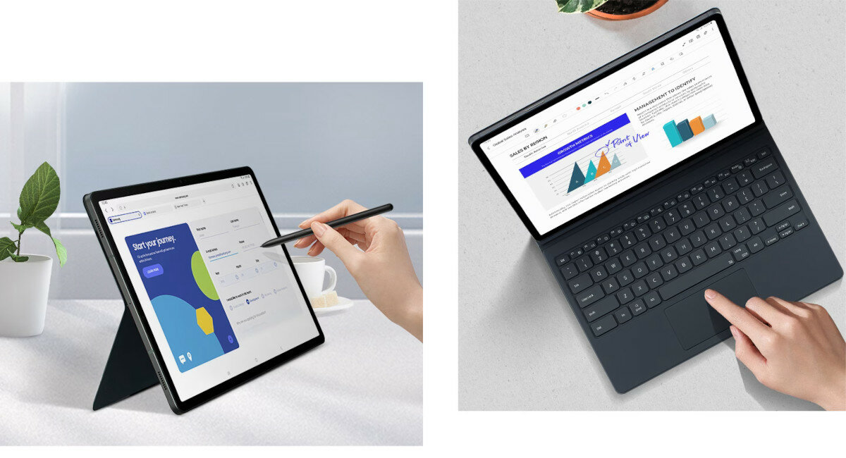 Etui z klawiaturą Samsung Book Cover Keyboard Tab S9+ czarne pokazany tablet na podstawce oraz tablet w etui z klawiaturą