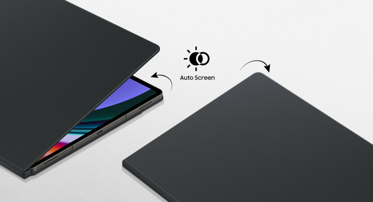 Etui Samsung Smart Book Cover do Tab S9 Ultra białe pokazany tablet w zamkniętym etui i w uchylonym