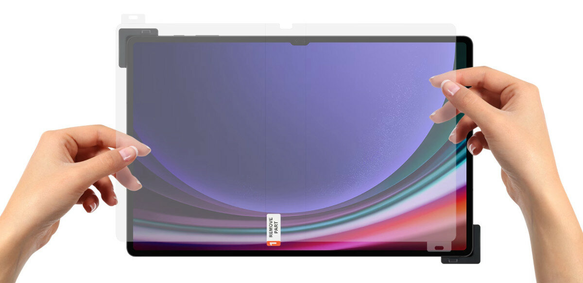 Folia ochronna Samsung Anti-Reflecting Screen Protector do Tab S9 Ultra antyrefleksyjna pokazana instalacja folii na tablecie