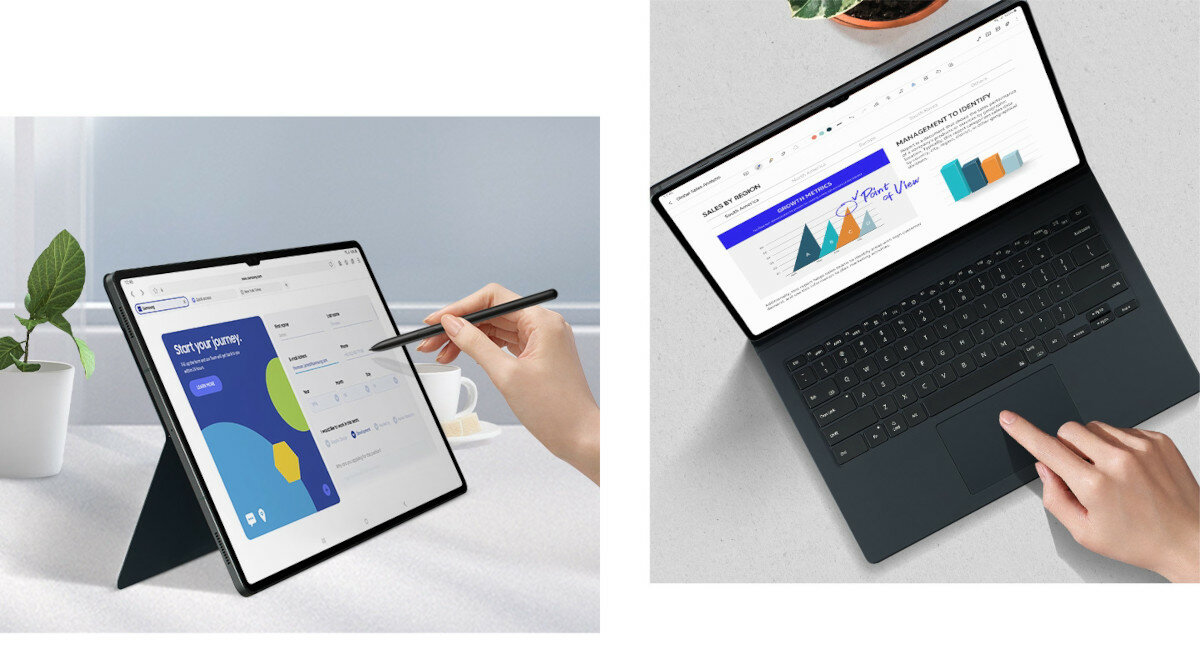 Etui z klawiaturą Samsung Book Cover Keyboard do Tab S9 Ultra czarne widok na tablet na podstawce oraz na tablet z góry