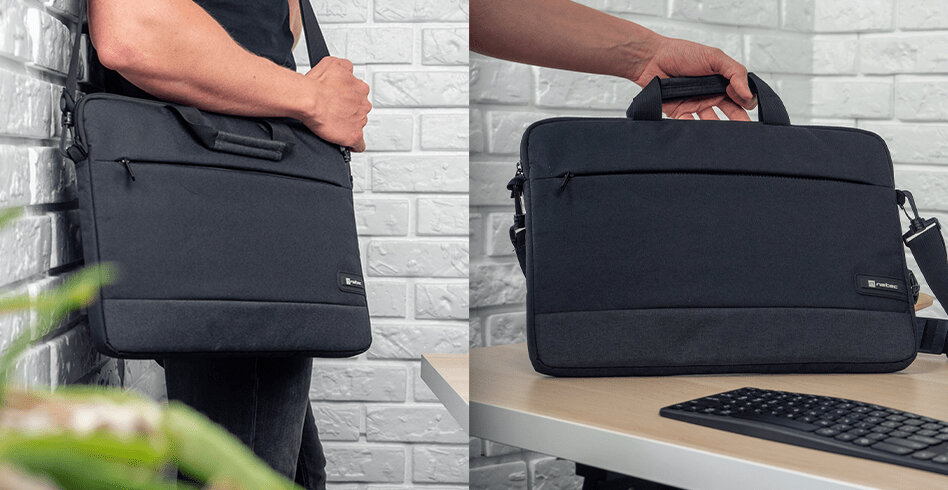 Torba na laptopa Natec Goa 15.6 czarna grafika przedstawia mężczyznę, który na pierwszym zdjęciu trzyma torbę na ramieniu, a na drugim kładzie ją na stole obok klawiatury
