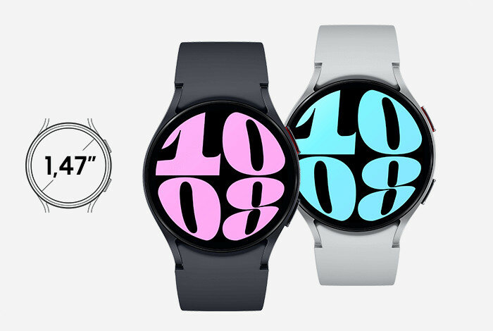 Smartwatch Samsung Galaxy Watch 6 BT 44mm R940 srebrny pokazane dwa smartwatche frontem i ikona z wielkością ekranu