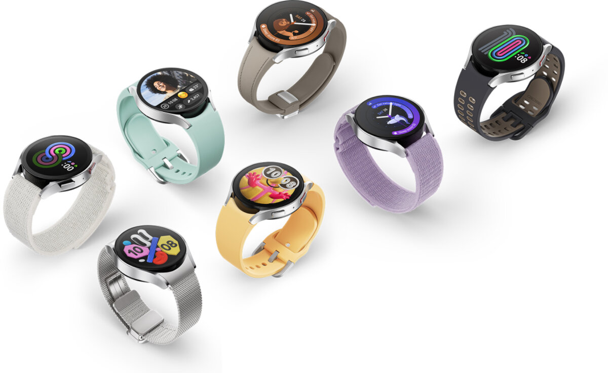 Smartwatch Samsung Galaxy Watch 6 BT 44mm R940 srebrny pokazane zegarki z różnymi wersjami pasków wymiennych