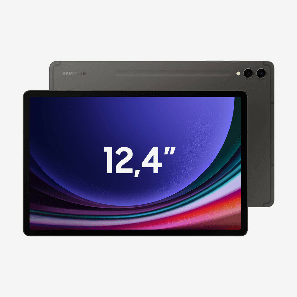 Tablet Samsung Galaxy Tab S9+ od frontu i od tyłu z informacją o przekątnej ekranu